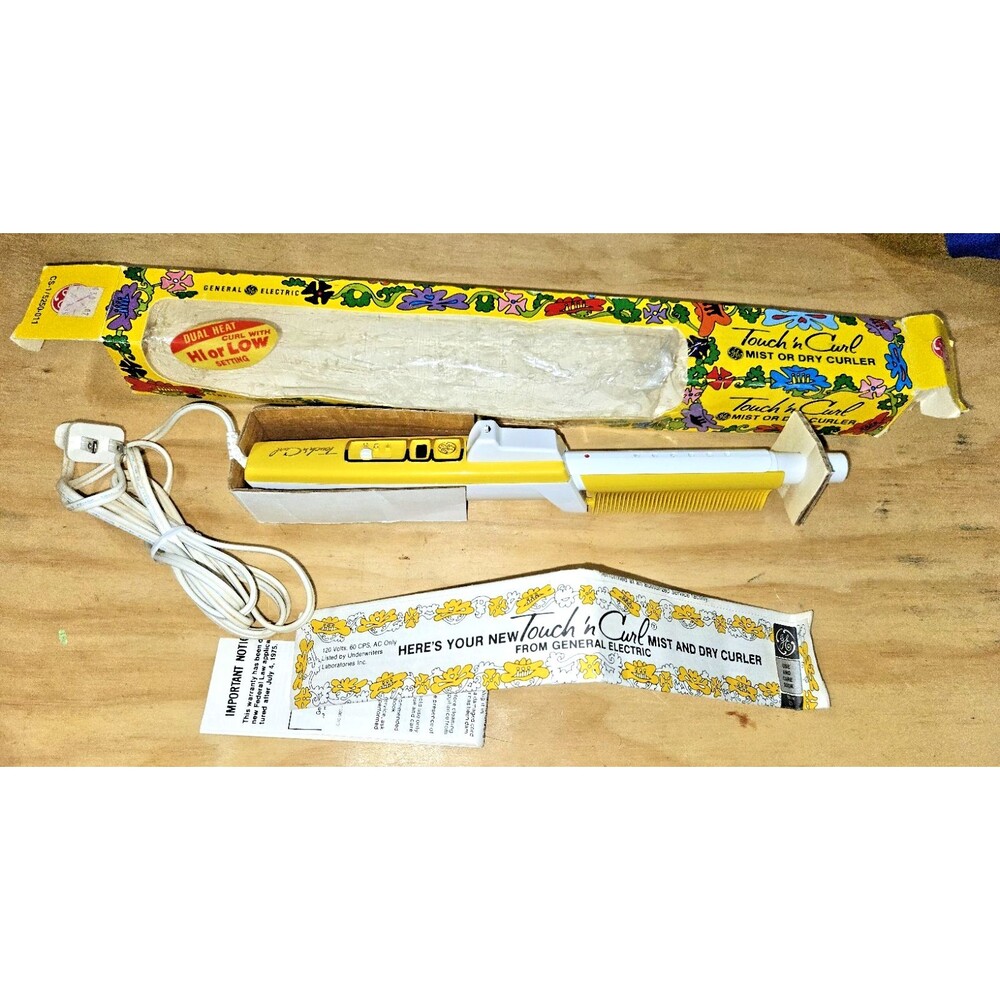 Vintage GE Touch N' Curl Steam Dry Curling Iron Yellow 5250-011 New Damaged Box